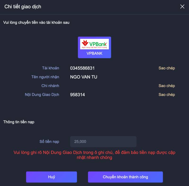 Bước 3 – Nhập đầy đủ thông tin giao dịch để hệ thống xác nhận nạp tiền