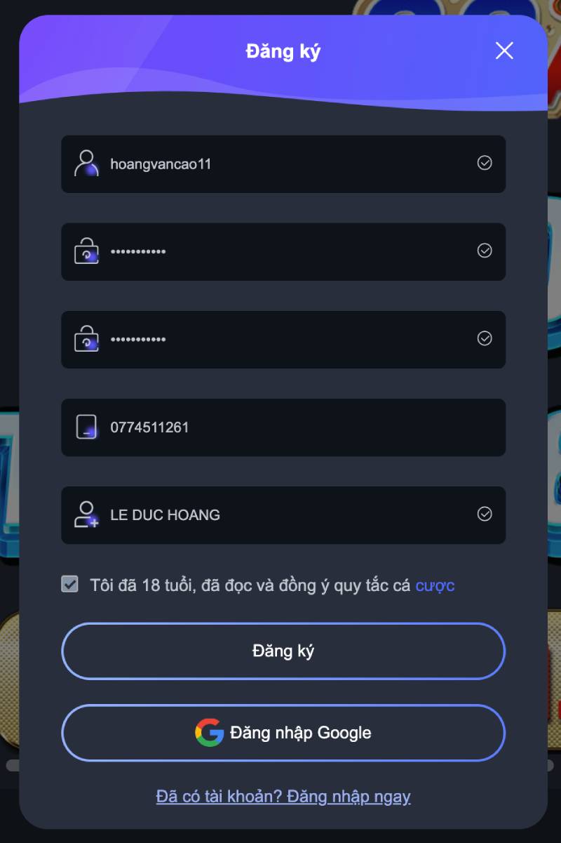 Điền thông tin form đăng ký aa88